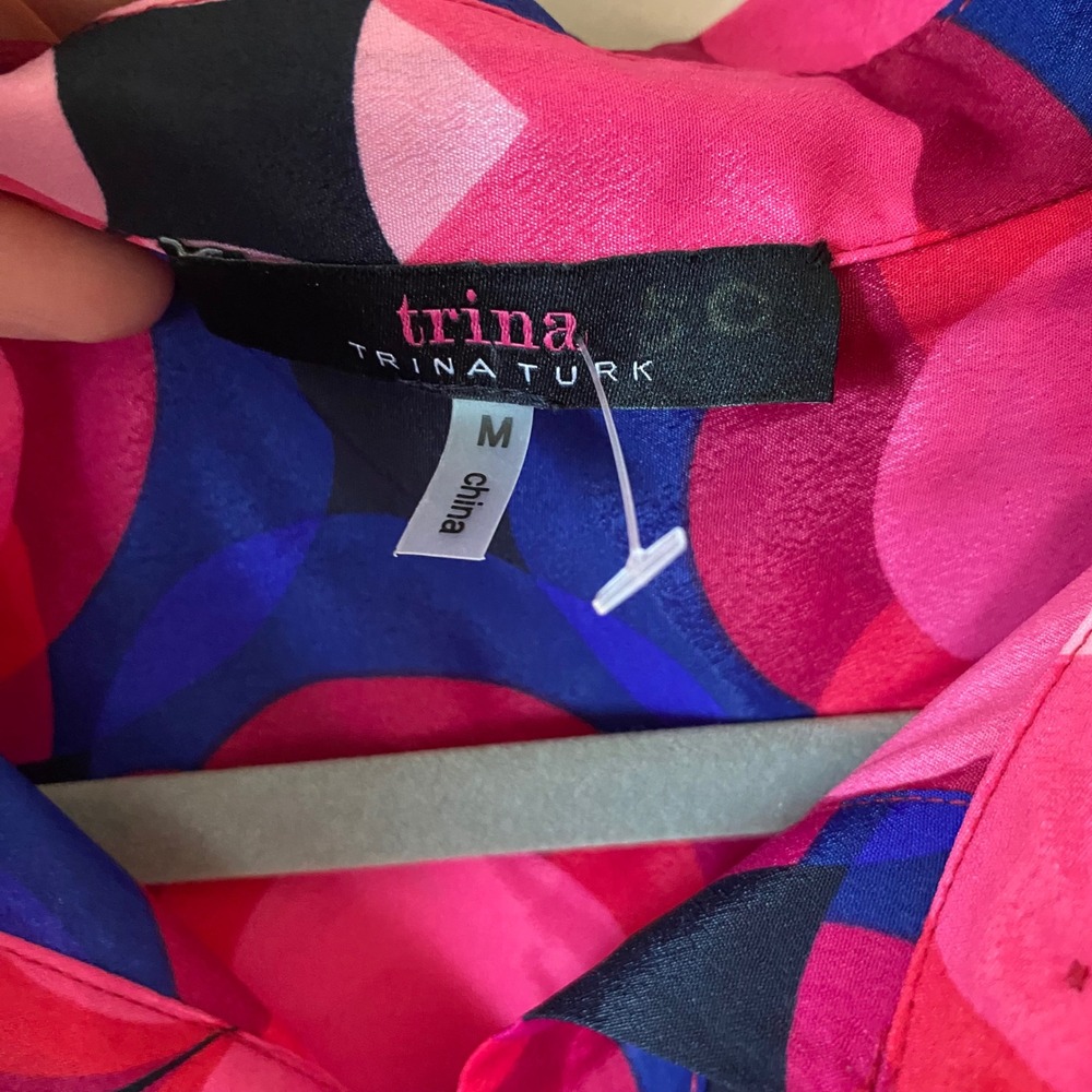 Trina Turk‎ Twist Front Medium Pink Blue Floral Print Long Sleeve Shirt Dress - Picture 3 of 7